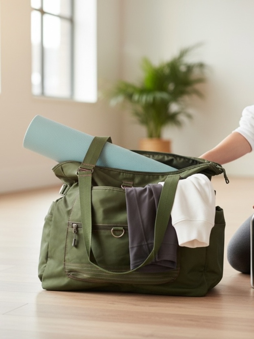 Athleta Canvas Gym Duffel Bag in Olive Green & Violet